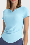 PACK264693-P204-1, Mist Blue Ribbed Notched Neck Short Sleeve Active Fitness Top