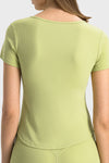 PACK264693-P709-1, Spinach Green Ribbed Notched Neck Short Sleeve Active Fitness Top