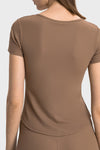 PACK264693-P1017-1, Coffee Ribbed Notched Neck Short Sleeve Active Fitness Top