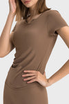 PACK264693-P1017-1, Coffee Ribbed Notched Neck Short Sleeve Active Fitness Top