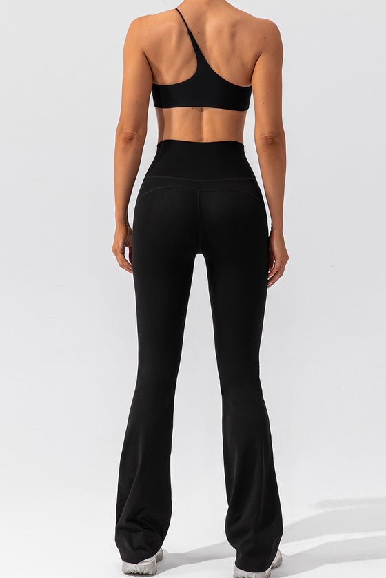 PACK265461-P2-1, Black Solid Criss Cross High Waist Flared Yoga Pants