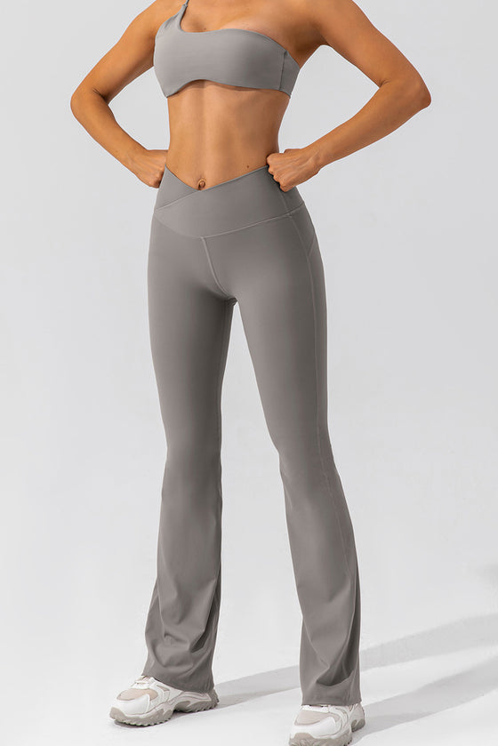 PACK265461-P3011-1, Medium Grey Solid Criss Cross High Waist Flared Yoga Pants