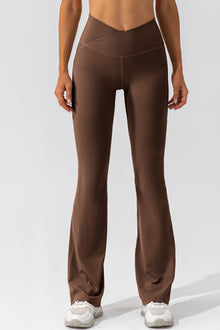  PACK265461-P5017-1, Dark Brown Solid Criss Cross High Waist Flared Yoga Pants