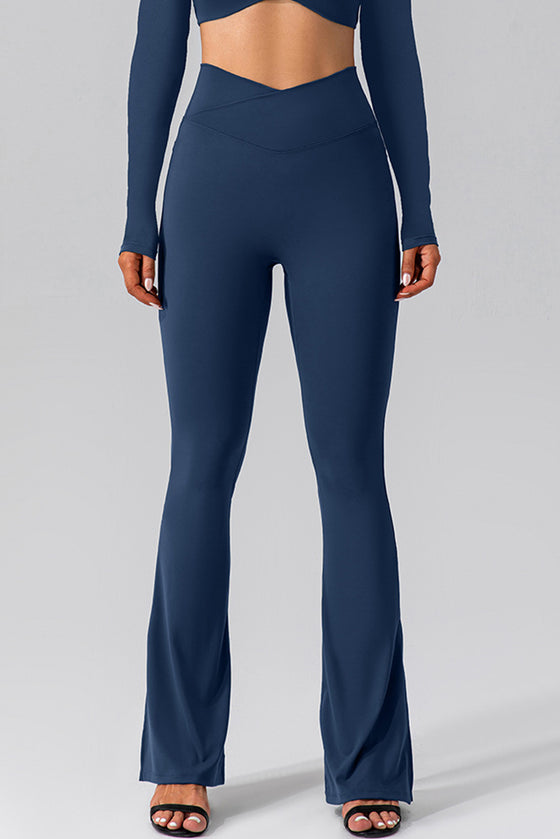 LC265464-P905-S, LC265464-P905-M, LC265464-P905-L, LC265464-P905-XL, Sail Blue Solid Color Arched Waist Flared Active Leggings