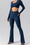 LC265464-P905-S, LC265464-P905-M, LC265464-P905-L, LC265464-P905-XL, Sail Blue Solid Color Arched Waist Flared Active Leggings