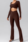 LC265464-P1017-S, LC265464-P1017-M, LC265464-P1017-L, LC265464-P1017-XL, Coffee Solid Color Arched Waist Flared Active Leggings