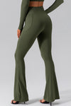 LC265464-P1609-S, LC265464-P1609-M, LC265464-P1609-L, LC265464-P1609-XL, Moss Green Solid Color Arched Waist Flared Active Leggings