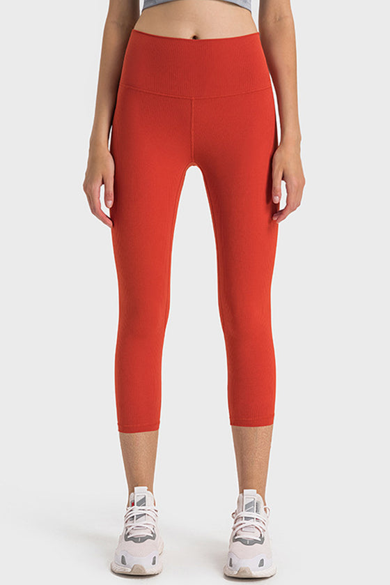 PACK265476-P103-1, Tomato Red Solid Color High Waist Sports Active Capri Leggings