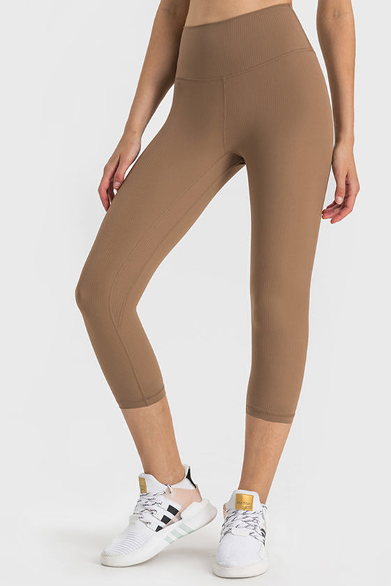 PACK265476-P2017-1, Chestnut Solid Color High Waist Sports Active Capri Leggings