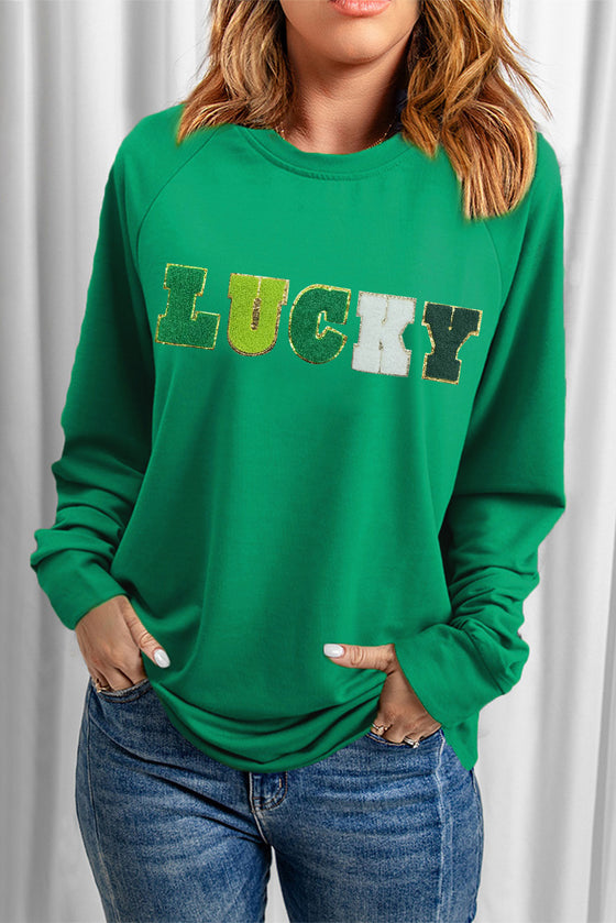 PACK25317154-9-1, Green St Patricks LUCKY Chenille Embroidered Graphic Sweatshirt