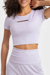 PACK264696-P708-1, Orchid Petal Front Cut Out Ribbed Short Sleeve Sports Crop Top