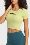 PACK264696-P709-1, Spinach Green Front Cut Out Ribbed Short Sleeve Sports Crop Top