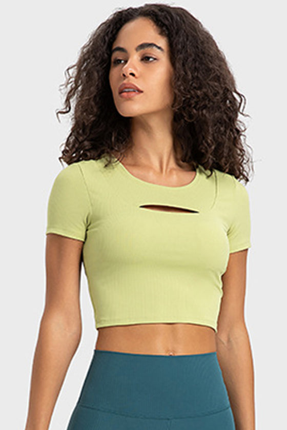 PACK264696-P709-1, Spinach Green Front Cut Out Ribbed Short Sleeve Sports Crop Top