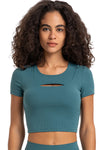 PACK264696-P1709-1, Sea Green Front Cut Out Ribbed Short Sleeve Sports Crop Top