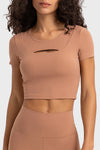 PACK264696-P8010-1, Rose Tan Front Cut Out Ribbed Short Sleeve Sports Crop Top