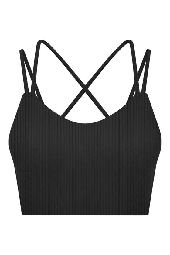 PACK264697-P2-1, Black Solid Color Strappy Crisscross Ribbed Sports Bra