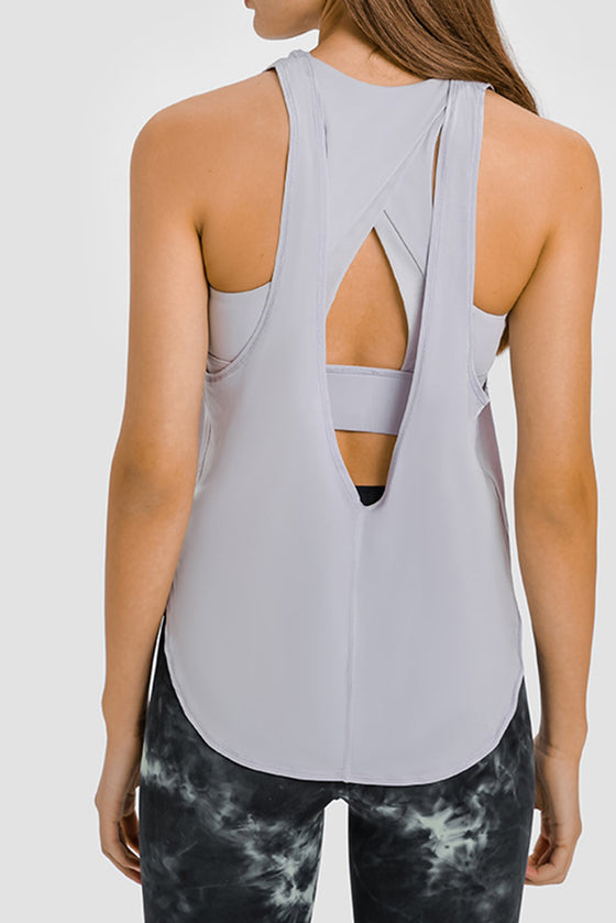 PACK264704-P11-1, Gray 2-In-1 Cutout Back Split Curved Hem Active Tank Top