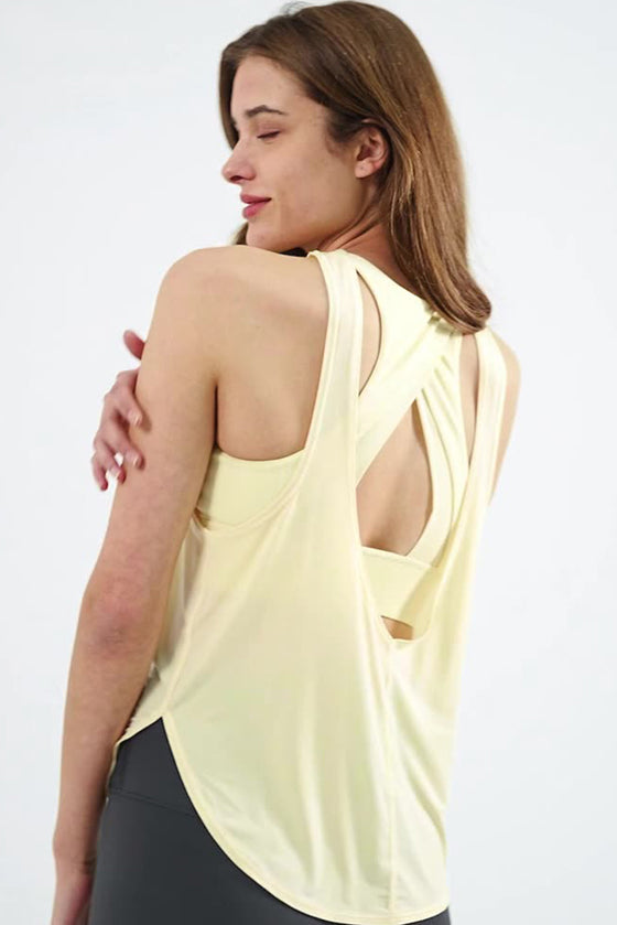 PACK264704-P107-1, Yellow Cream 2-In-1 Cutout Back Split Curved Hem Active Tank Top