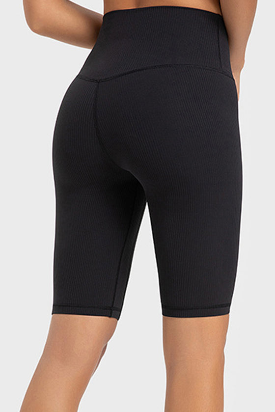 PACK265484-P2-1, Black Solid Color Ribbed High Waist Sports Active Shorts