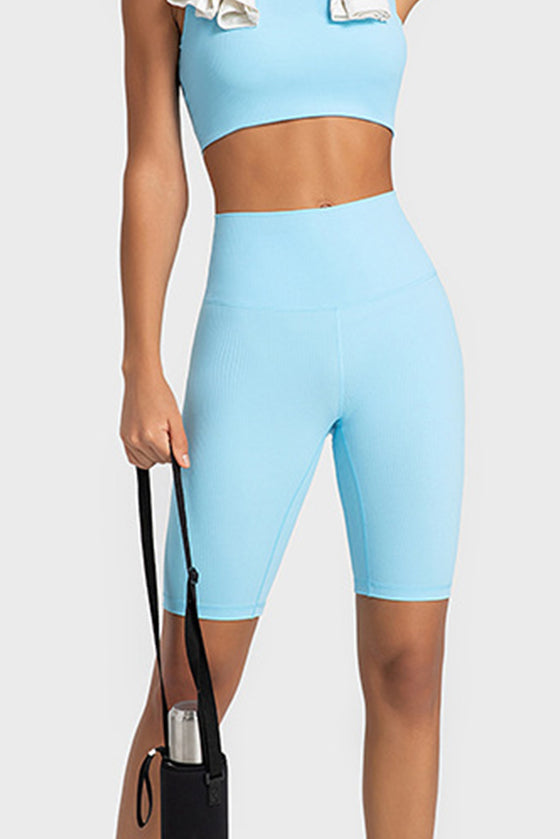 PACK265484-P4-1, Light Blue Solid Color Ribbed High Waist Sports Active Shorts