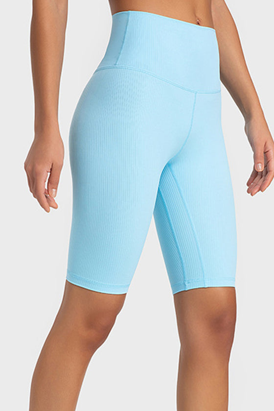 PACK265484-P4-1, Light Blue Solid Color Ribbed High Waist Sports Active Shorts