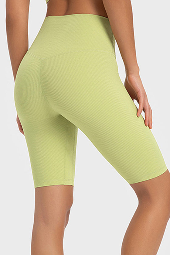 PACK265484-P709-1, Spinach Green Solid Color Ribbed High Waist Sports Active Shorts