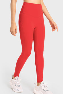  PACK265485-P103-1, Tomato Red Solid Color High Waist Tummy Control Active Leggings