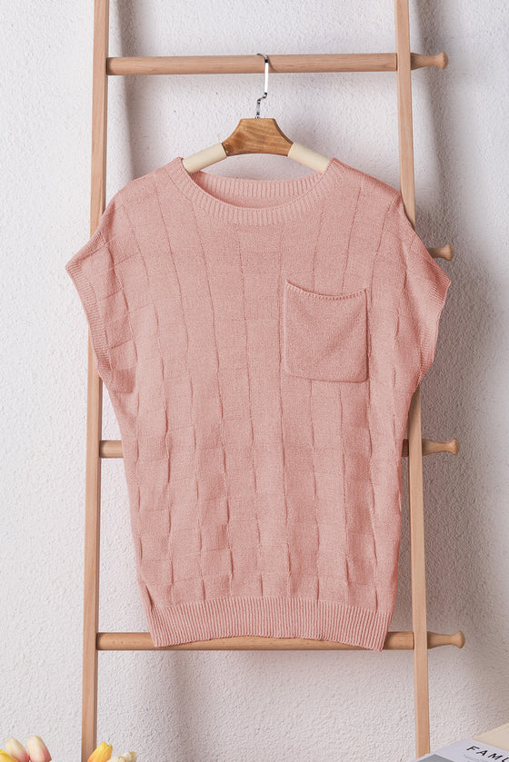 PACK276182-P9010-2, Dusty Pink Lattice Textured Knit Short Sleeve Sweater