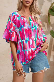  PACK25126206-P620-1, Rose Abstract Brushwork Print Buttoned V Neck Blouse