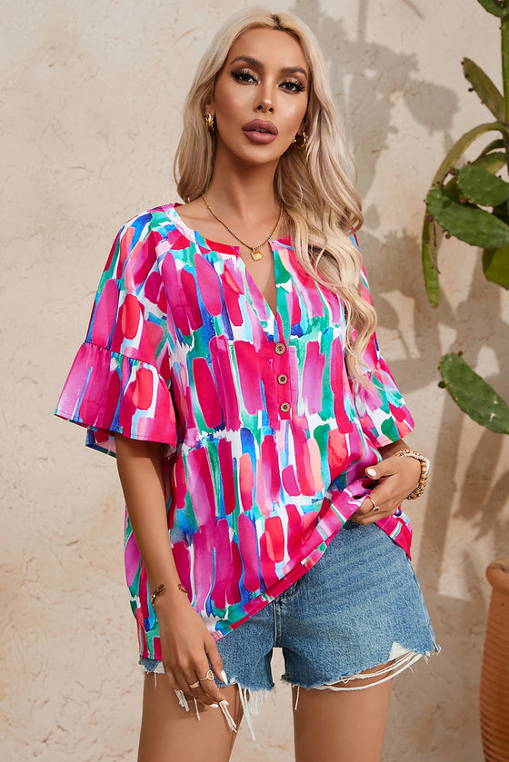 PACK25126206-P620-1, Rose Abstract Brushwork Print Buttoned V Neck Blouse