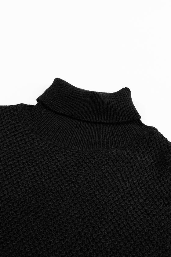 PACK2724435-P2-1, Black Turtleneck Textured Short Sleeve Sweater