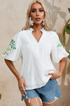 PACK25126122-P1-1, White Floral Embroidered Puff Sleeve Notched Neck Blouse