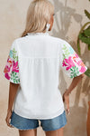 PACK25126122-P1-1, White Floral Embroidered Puff Sleeve Notched Neck Blouse