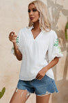 PACK25126122-P1-1, White Floral Embroidered Puff Sleeve Notched Neck Blouse