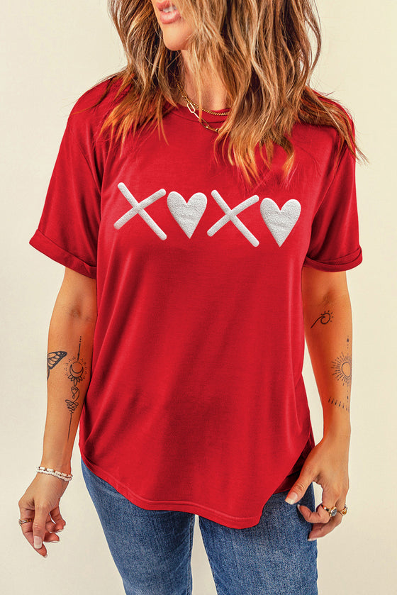 PACK25224927-103-1, Red XOXO Heart Shaped Print O Neck Casual T Shirt