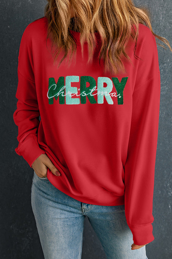 PACK25317248-3-1, Red Merry Christmas Chenille Patch Pullover Sweatshirt