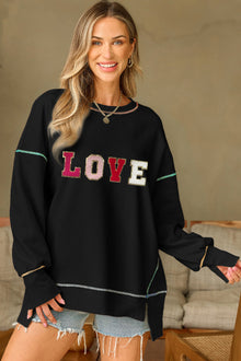  PACK25317246-P2-1, Black LOVE Chenille Graphic Exposed Stitching Oversized Sweatshirt
