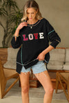 PACK25317246-P2-1, Black LOVE Chenille Graphic Exposed Stitching Oversized Sweatshirt
