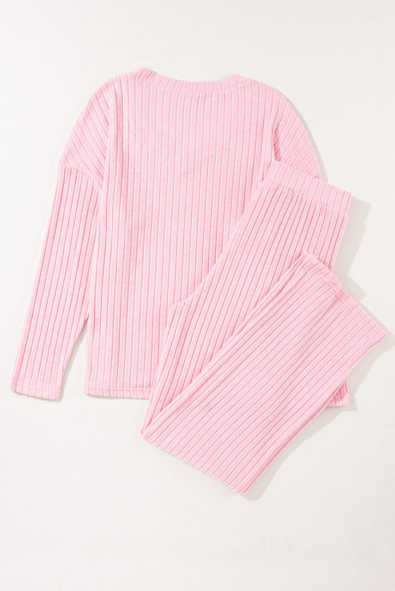 PACK625308-P1010-1, Light Pink Ribbed Knit V Neck Slouchy Two-Piece Outfit