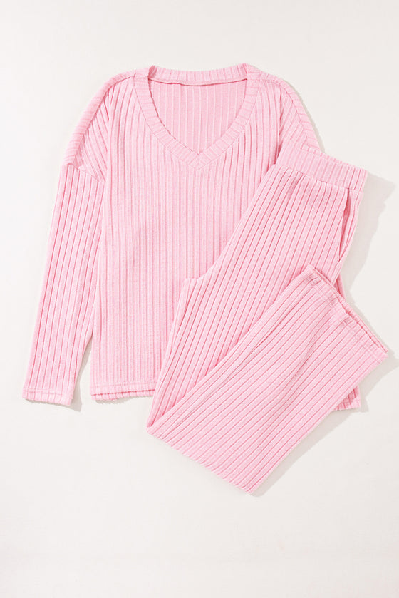 PACK625308-P1010-1, Light Pink Ribbed Knit V Neck Slouchy Two-Piece Outfit