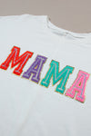 PACK25224764-P1-1, White MAMA Chenille Patched Crew Neck T Shirt
