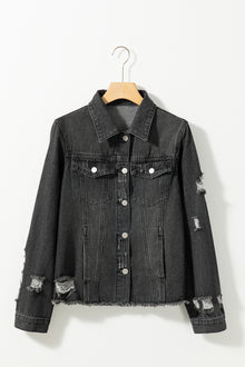  PACK788572-2-1, Black Smile Heart Graphic Patch Distressed Denim Jacket