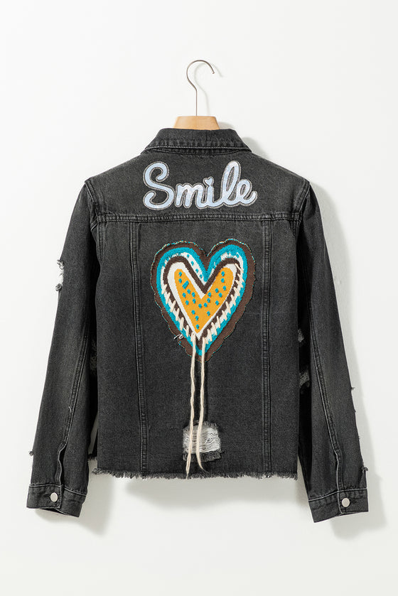 PACK788572-2-1, Black Smile Heart Graphic Patch Distressed Denim Jacket
