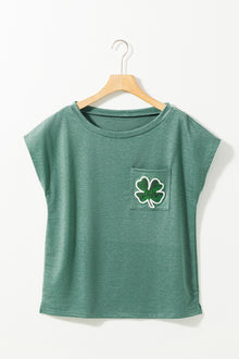  PACK25224973-109-1, Green Sequined Clover Patch Pocket T-shirt