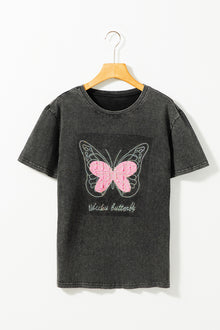  PACK25224975-2-1, Black Butterfly Beaded Mineral Wash Crewneck T Shirt
