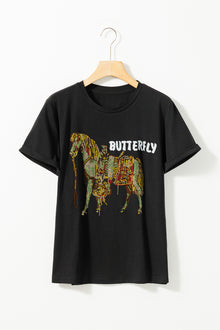  PACK25224980-2-1, Black BUTTERFLY Beaded Horse O Neck Casual T Shirt