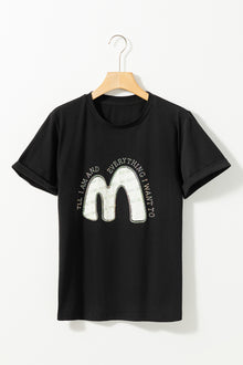  PACK25224981-2-1, Black Letter M Slogan Rhinestone Crewneck Graphic T Shirt