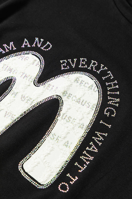 PACK25224981-2-1, Black Letter M Slogan Rhinestone Crewneck Graphic T Shirt