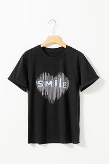  PACK25224982-2-1, Black Rhinestone Embellished SMiLe Heart T Shirt