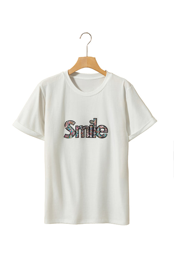 PACK25224978-1-1, White Smile Colored Stone Decor Round Neck T Shirt
